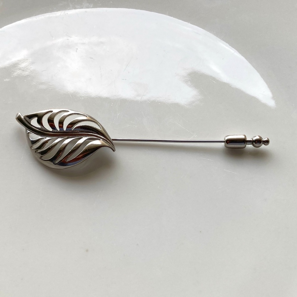 Vintage Silver Leaf Stick Pin Brooch Mid Century Minimalist Classic 50s/60s